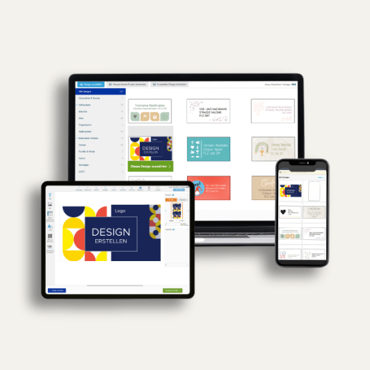 Avery Design & Print zobrazené na notebooku, tabletu a mobilu; online editor pro návrh a tisk etiket.