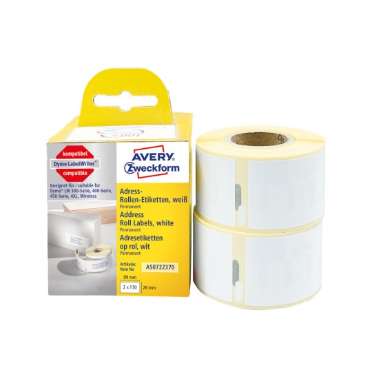 Obrázek balení s rolí etiket: Avery Zweckform role etikety, položka: AS0722370, formát: 28 x 89 mm, vhodná pro tiskárny: termosublimační tiskárny, Dymo LabelWriter* série 300, série 400, série 450, 4XL, bezdrátová, obsah: 260 etiket / 2 role, 130 etiket/role.