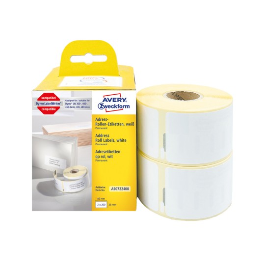 Obrázek balení s rolí etiket: Avery Zweckform role etiket, produkt: AS0722400, formát: 36 x 89 mm, vhodné pro tiskárny: Termální tiskárny, Dymo LabelWriter* série 300, série 400, série 450, 4XL, bezdrátové, obsah: 520 etiket / 2 role, 260 etiket/role.