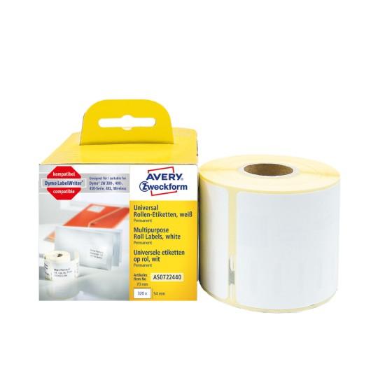 Obrázek balení s etiketovou rolí: Avery Zweckform Rollen-Etiketten, Článek: AS0722440, Formát: 54 x 70 mm, Tisková způsobilost: Termotiskárny, Dymo LabelWriter* série 300, série 400, série 450, 4XL, Wireless, Obsah: 320 etiket / 1 role, 320 etiket/role?