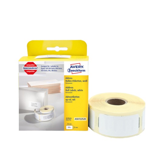 Obrázek balení s rolí etiket: Avery Zweckform role etiket, položka: AS0722520, formát: 25 x 54 mm, vhodné tiskárny: termodirektní tiskárna, Dymo LabelWriter* série 300, série 400, série 450, 4XL, Wireless, obsah: 500 etiket / 1 role, 500 etiket/role?