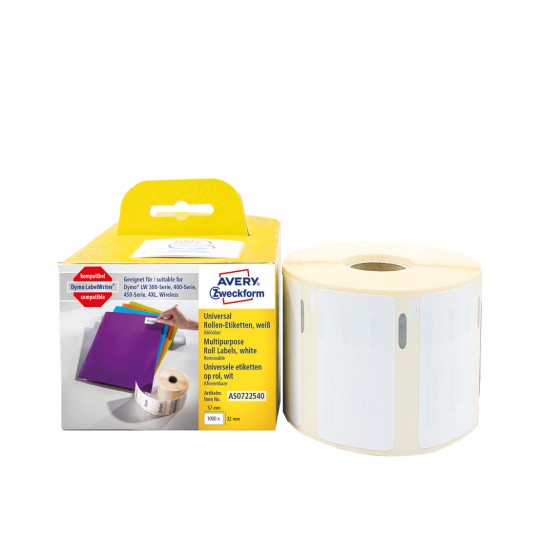 Balení s etiketami: Avery Zweckform kotoučové etikety, Článek: AS0722540, Formát: 32 x 57 mm, Vhodné pro tisk: Termodirektní tiskárna, Dymo LabelWriter* Řada 300, Řada 400, Řada 450, 4XL, Wireless, Obsah: 1.000 etiket / 1 rolka, 1.000 etiket/rolka?
