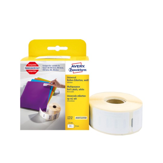 Balení s obrázkem role etiket: Avery Zweckform role etiket, Článek: AS0722550, Formát: 19 x 51 mm, Vhodné tiskárny: Tiskárna s přímým termotiskem, Dymo LabelWriter* řada 300, řada 400, řada 450, 4XL, bezdrátové, Obsah: 500 etiket / 1 role, 500 etiket/role?
